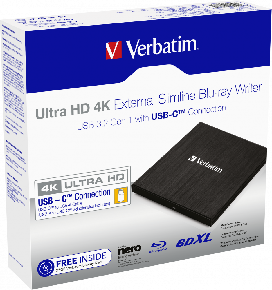  Ultra Slim External 4K UHD HD 3D Blu-ray Disc Player, USB  Type-A & Type-C USB-C 2-In-1 6X BD-R BD-RE DL BDXL 100GB DVD-R M-Disc  Burner Portable Optical Drive, for Windows 10