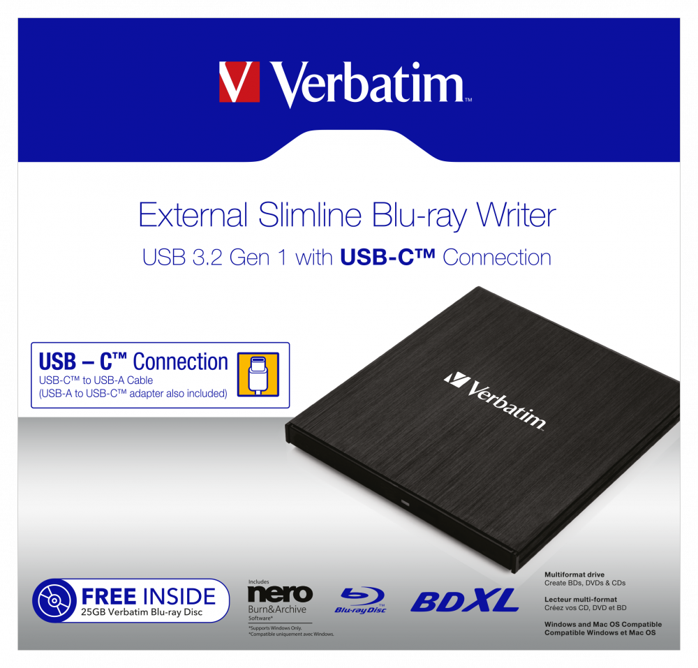 Graveur Blu-ray externe ultramince USB 3.1 GEN 1 avec connexion USB-C